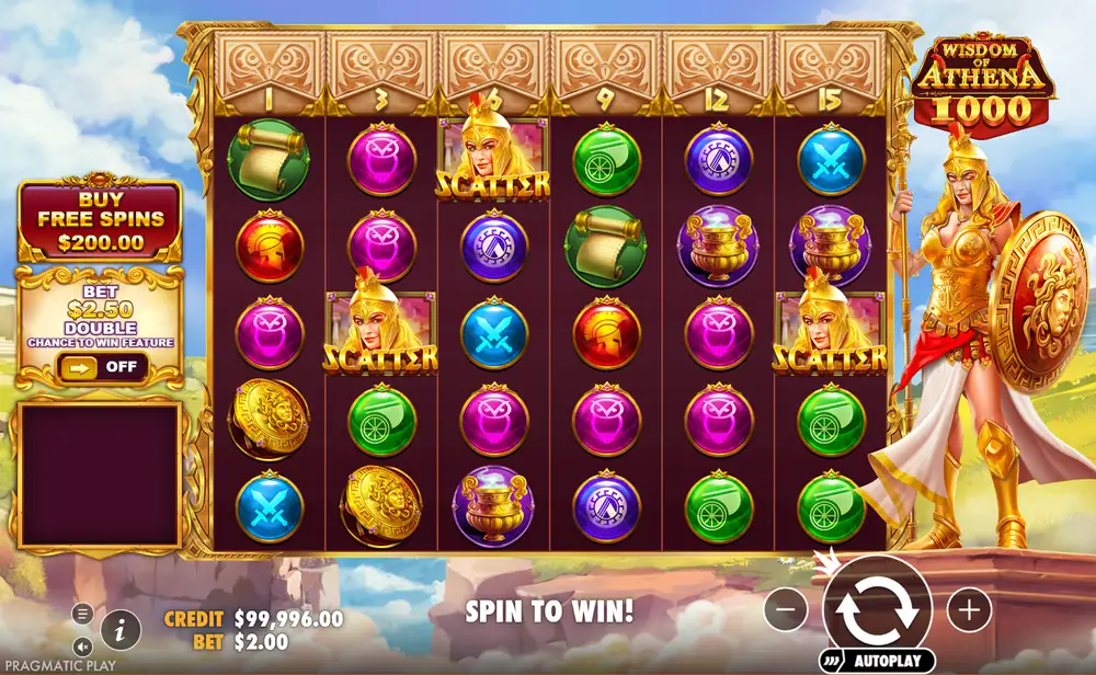 Wisdom of Athena 1000 ana oyununda 6x5 ızgarada üç Athena scatter sembolü