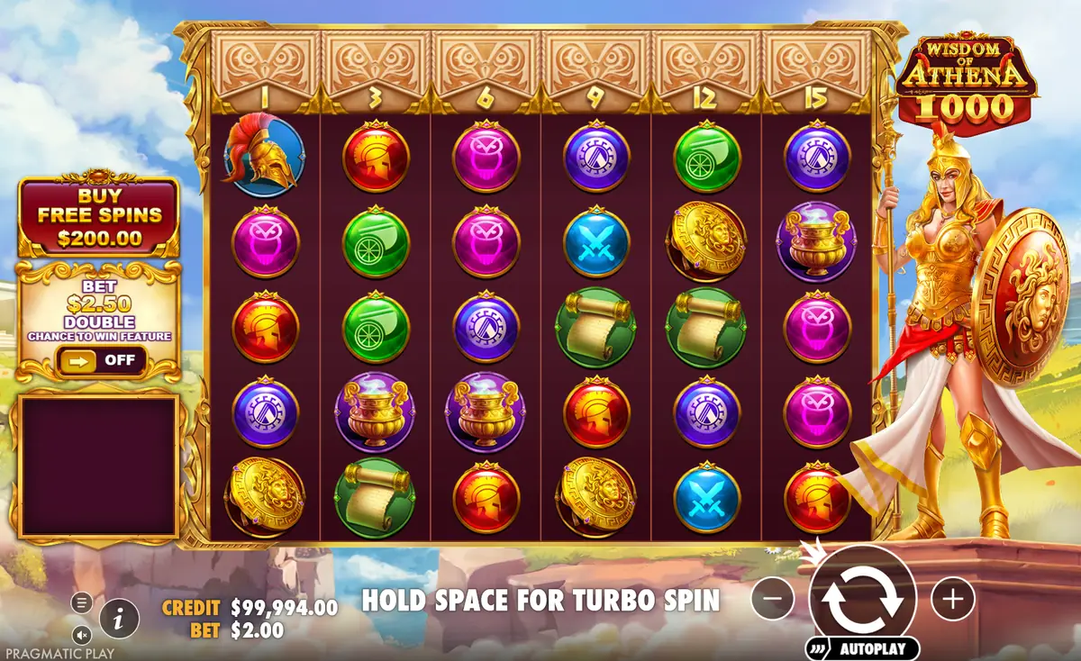 Wisdom of Athena 1000 slot ana oyunu: kilitli üst sıra ve makaraların yanında Athena