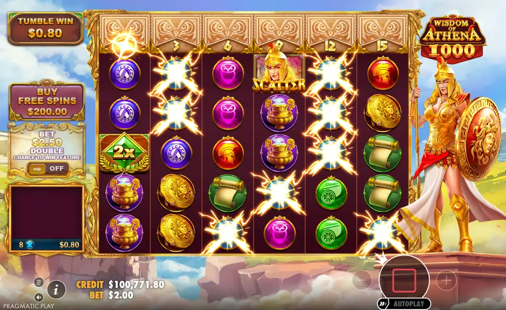 Wisdom of Athena 1000 tumble kazancından sonra açılan ilk üst sıra hücresi ve birinci makarada 2x çarpan